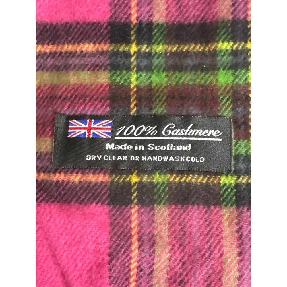 100% Cashmere Plaid Fringe Scarf Scotland Pink Green Womens Soft Bright Y2K